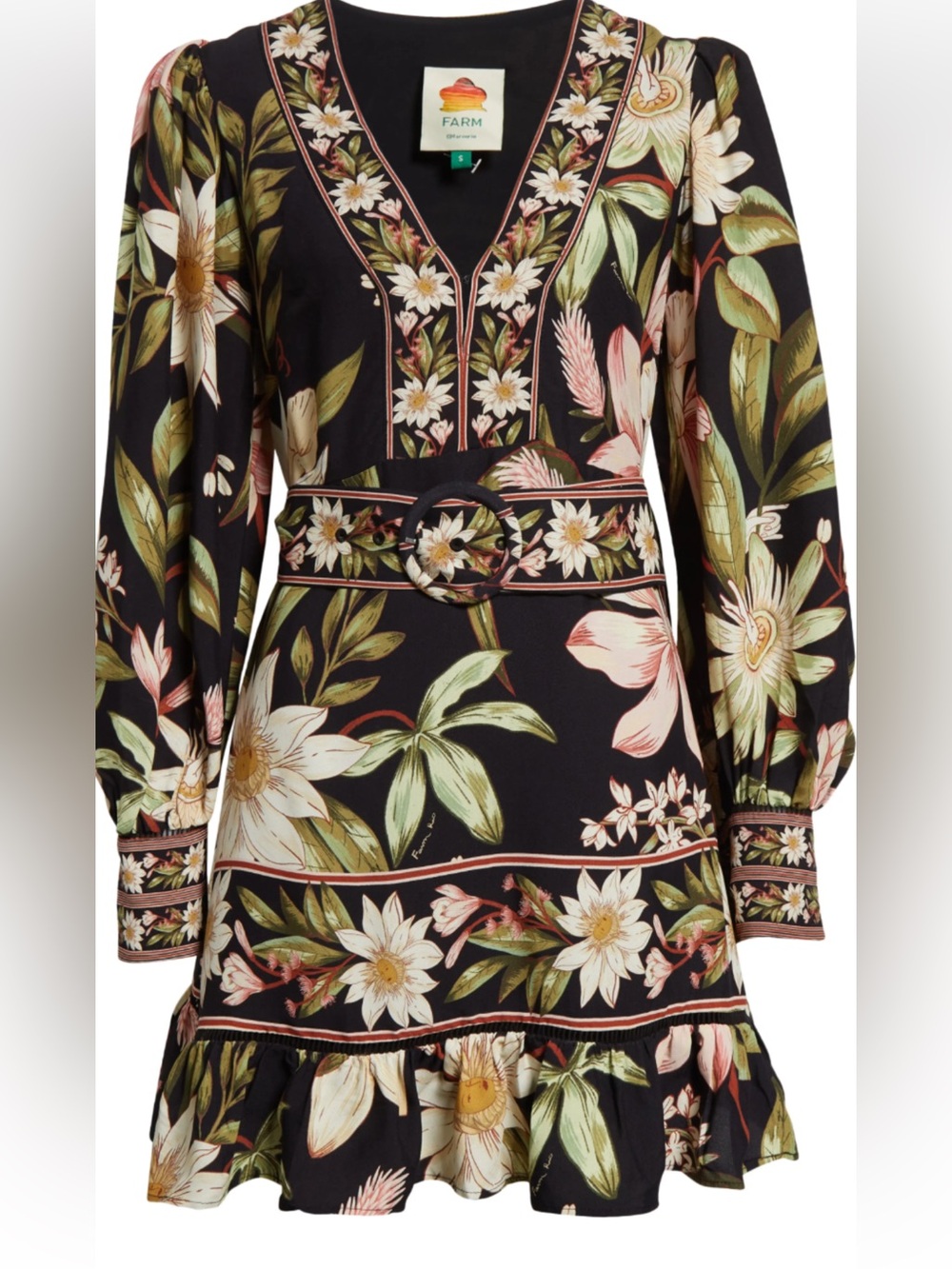 FARM Rio Black Floral V-Neck Belted Mini Dress with Pink & Green Blooms